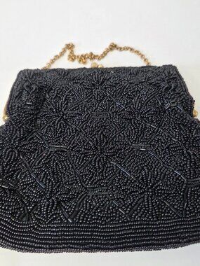 Vintage beaded black evening cocktail bag gold tone chain made in Hong Kong